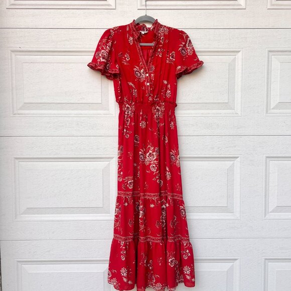 Max Studio Women's Red Flutter Sleeve V-neck Tier Maxi Dress - Small - Picture 1 of 8